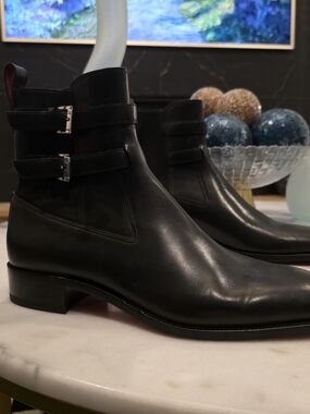 Christian Louboutin Men's Black Leather Double Buckle Ankle Boots